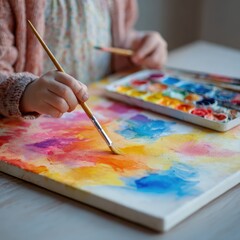 Naklejka premium A child painting with bright, colorful watercolors on a canvas.