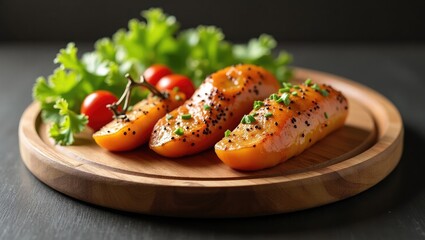 Roasted sweet potatoes with herbs and spices on a wooden platter.