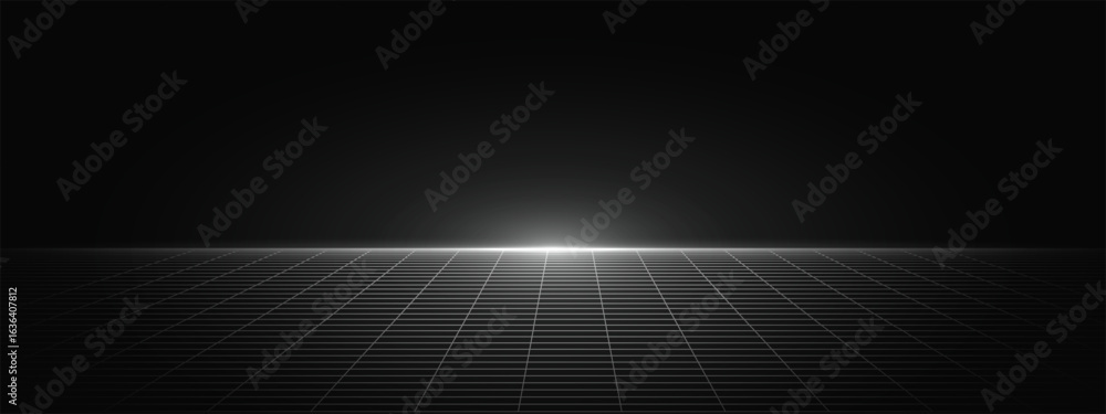 Poster tech grid of curved 3d stage. perspective grid floor. vr virtual reality metaverse environment. abst