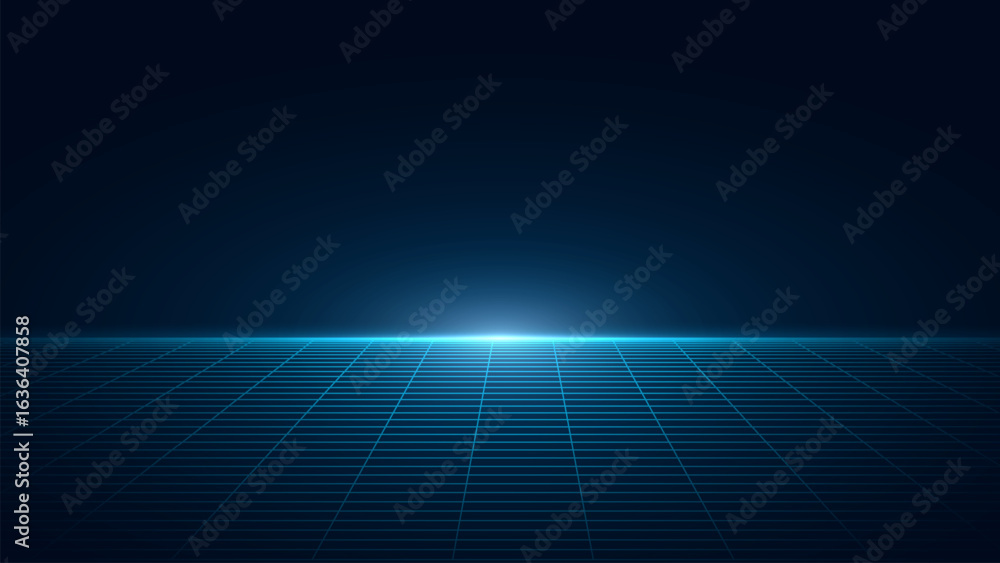 Poster tech grid of curved 3d stage. perspective grid floor. vr virtual reality metaverse environment. abst