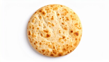 Golden-brown flatbread with charred spots, round and rustic, isolated on a clean background.