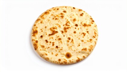 Golden-brown flatbread with charred spots, round and rustic, isolated on a clean background.