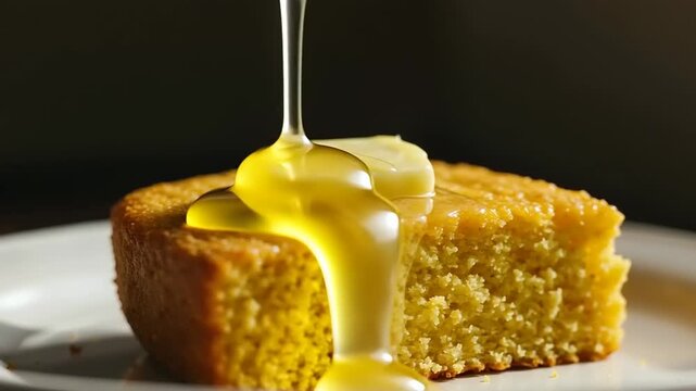 Buttered cornbread slice with dripping honey
