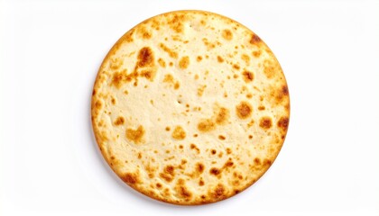 Golden-brown flatbread with charred spots, round and rustic, isolated on a clean background.