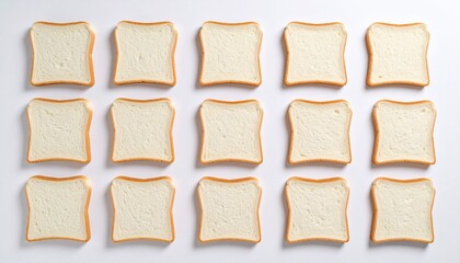 Sixteen white bread slices with golden crusts arranged in a perfect 4×4 grid on a clean white background.