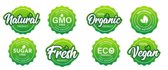 100% Natural, GMO Free, Vegan, Fresh, Organic, Healthy, Eco Friendly, Sugar Free Vector Badge Design. 100% Natural Product Badge design.