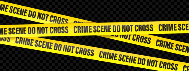 Crime Scene line do not cross, text on the yellow tape on white, black and transparent background. Realistic 3d Detailed Black and Yellow Police Line Tape.