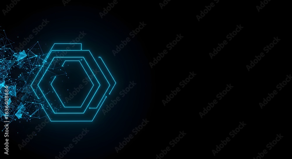 Poster abstract glowing blue hexagon shapes with connecting dots and lines on a dark black background desig