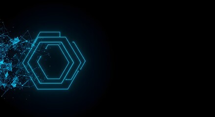 Abstract glowing blue hexagon shapes with connecting dots and lines on a dark black background design