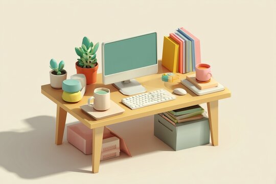 3D pastel home office desk with computer, books, and stationery arranged in a neat setup.
A charming workspace diorama styled in soft pink and yellow tones.
