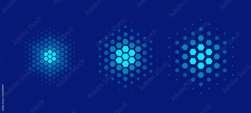 Poster hexagonal halftone pattern. set of dotted abstract shapes. half tone design elements in geometric te