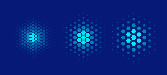 Hexagonal halftone pattern. Set of dotted abstract shapes. Half tone design elements in geometric tech style for logo, banner, web page, print, poster, business cards and template.