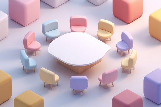 3D pastel meeting room with a blue conference table and colorful office chairs.
A charming business workspace diorama styled in soft, playful colors.
