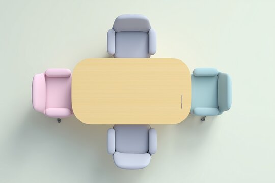 3D pastel meeting room with a blue conference table and colorful office chairs.
A charming business workspace diorama styled in soft, playful colors.
