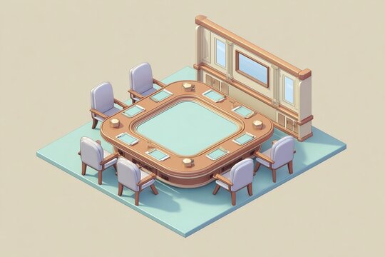3D pastel meeting room with a blue conference table and colorful office chairs.
A charming business workspace diorama styled in soft, playful colors.
