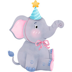 Naklejka premium Watercolor hand-painted birthday themed elephant cartoon