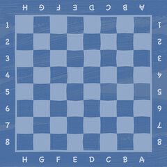 Blue pastel chessboard with coordinates, flat hand drawn graphic illustration for board game design