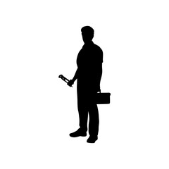A full-body silhouette of a male handyman, holding tools and a toolbox, conveys a professional and prepared image.