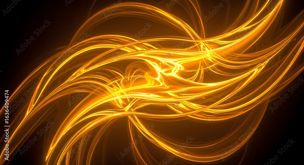 Poster abstract golden light streaks swirling against a dark background creating a dynamic visual effect