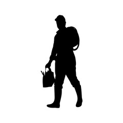 A bold silhouette of a worker, likely a tradesman or technician, carrying tools and supplies.