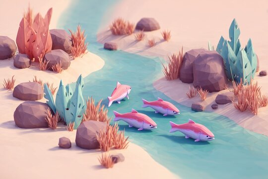 A pastel 3D river scene with salmon swimming upstream. Whimsical nature illustration featuring soft colors, rocky banks, and tranquil wildlife movement.
