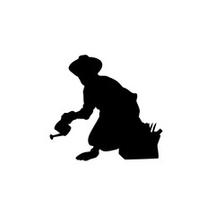 A simple, strong silhouette of a gardener tending a garden, perfect for depicting spring gardening, hard work, or peaceful nature themes.