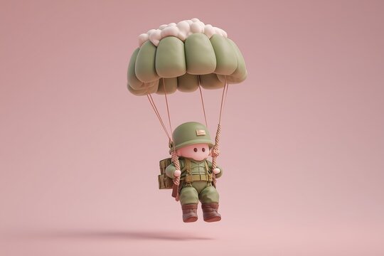 A pastel 3D paratrooper descending with parachute. Whimsical military character featuring soft colors, gentle motion, and playful adventure theme.
