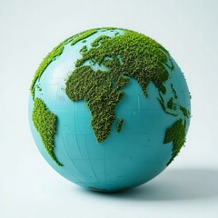Fototapeta premium Close-up studio shot of a textured Earth globe model with continents made of green moss and oceans in matte cyan. High detail on the organic surface texture. Clean white background