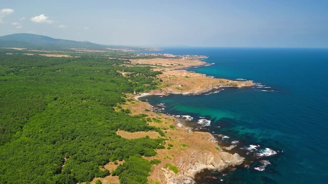 Aerial panorama of beach at the mouth of the Veleka River, Sinemorets village, Burgas Region, Bulgaria