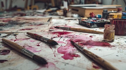 Messy artist workspace with paintbrushes and paint