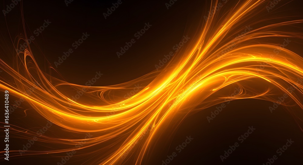 Poster abstract golden light streaks flowing across a dark background with a dynamic wave pattern effect