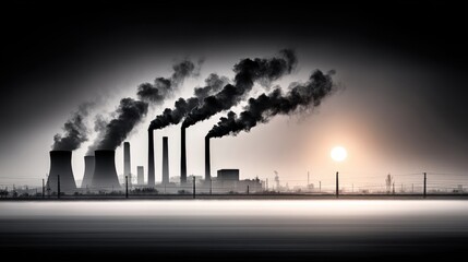 Obraz premium Industrial Landscape with Pollution and Smokestacks at Sunset