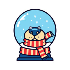Cute Dog Nose Character in Snow Globe with Scarf and Snowflakes