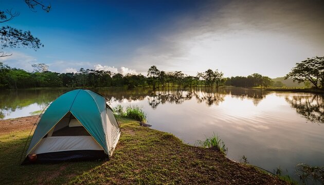 a spacious tent pitched beside a tranquil water edge on a calm camping day at phu pha daen forest park surrounded by nature and peaceful atmosphere