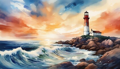 a tall lighthouse stands on rocky shores surrounded by waves and a colorful sky the watercolor technique enhances the serene atmosphere and natural beauty showcasing both land and sea