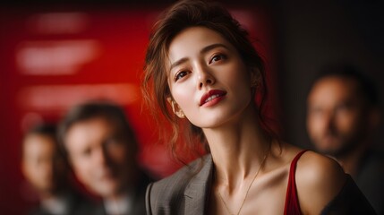 A striking and enigmatic portrait of a woman bathed in rich crimson lighting creating a captivating and alluring aesthetic