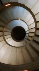 Fototapeta premium A never-ending spiral staircase made of pale concrete, dim warm lights casting distorted shadows, vanishing into darkness, eerie silence, surreal liminal space