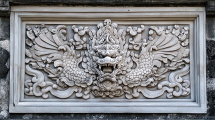 Ornate stone carving of a mythical creature with fish-like wings