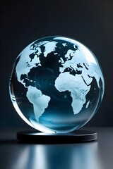 Fototapeta premium Glowing crystal earth globe on a dark pedestal
