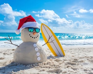 Smiling Santa sandy snowman in red santa hat and stylish sunglasses smiling on the sea beach with copy space, concept of winter holiday, Merry Christmas, happy summer time