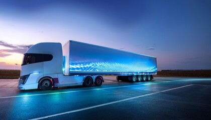 electric semi truck charging at a futuristic station with glowing neon lights at dusk