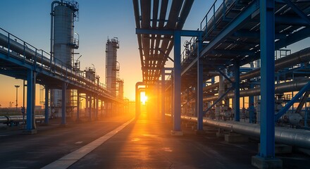 A sprawling oil and gas refinery with intricate pipelines and towers illuminated by a vibrant sunset, representing the energy industry.
