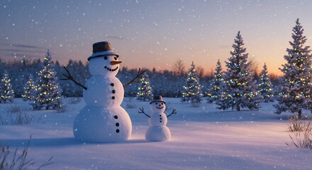 Fototapeta premium Snowman standing in snowy winter scene with scarf and hat for Christmas and holiday season