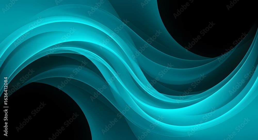 Poster abstract background of flowing teal waves with black space around the edges of the design