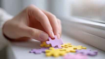 Fototapeta premium Calm neurodiverse person hand picks up purple puzzle piece on windowsill concept for autism awareness creative problem solving and hope