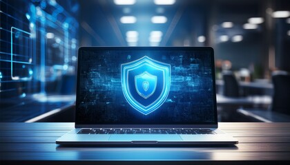 laptop with blue digital shield symbol on screen representing cybersecurity data protection encryption and secure technology in modern workspace evoking sense of safety