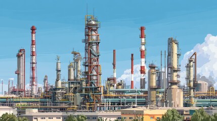 Obraz premium Colorful Industrial Factory Landscape Under Clear Blue Sky