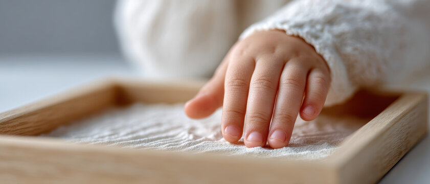 Neurodiverse child small hand gently explores fine sand in wooden tray. This sensory play activity supports early learning and development