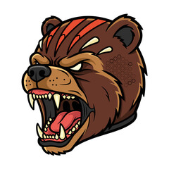 Aggressive Brown Bear Head Mascot with Roaring Mouth and Sharp Teeth Vector Art