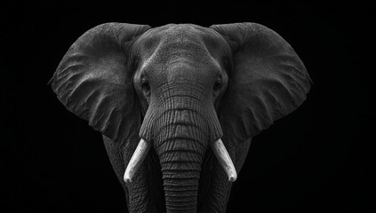 Obraz premium Powerful black and white portrait of an African elephant with white tusks on a black background.